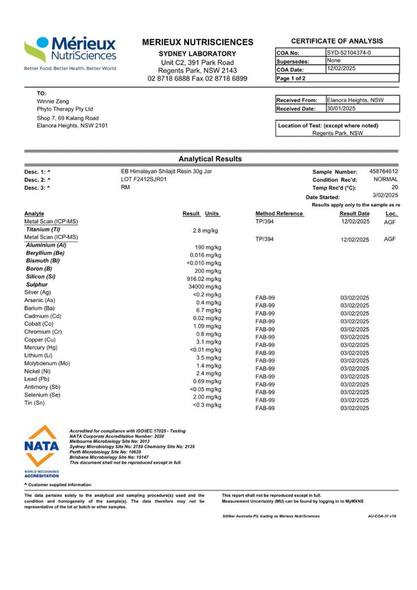 Certificate of Analysis for Himalayan Shilajit resin from Merieux Nutrisciences