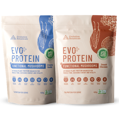 Two bags of Evo+ Protein next to each other, with Creamy Vanilla on the left and Smooth Choclate on the right.