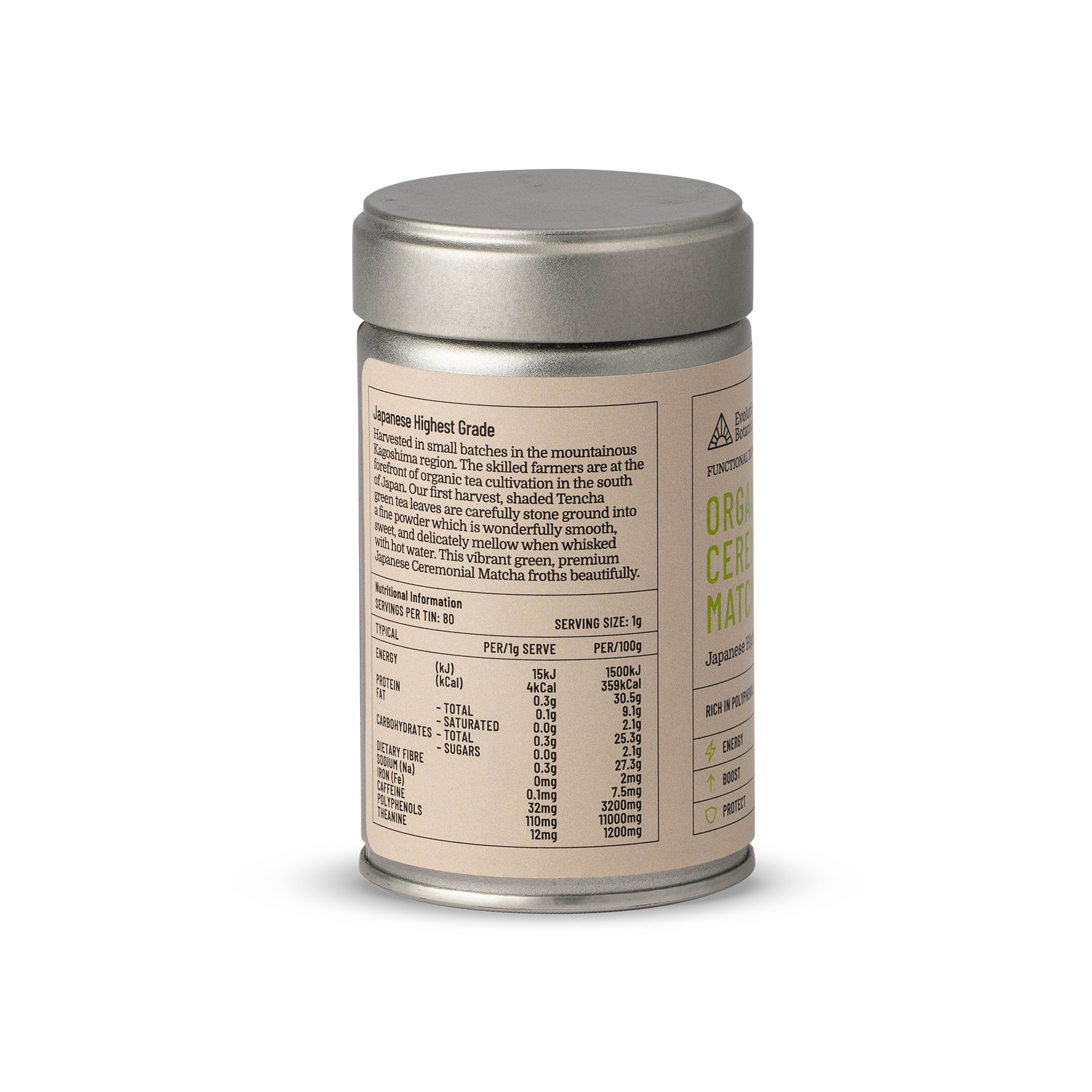 Side shot of a 80g tin of Organic Ceremonial Matcha showing nutritional information.