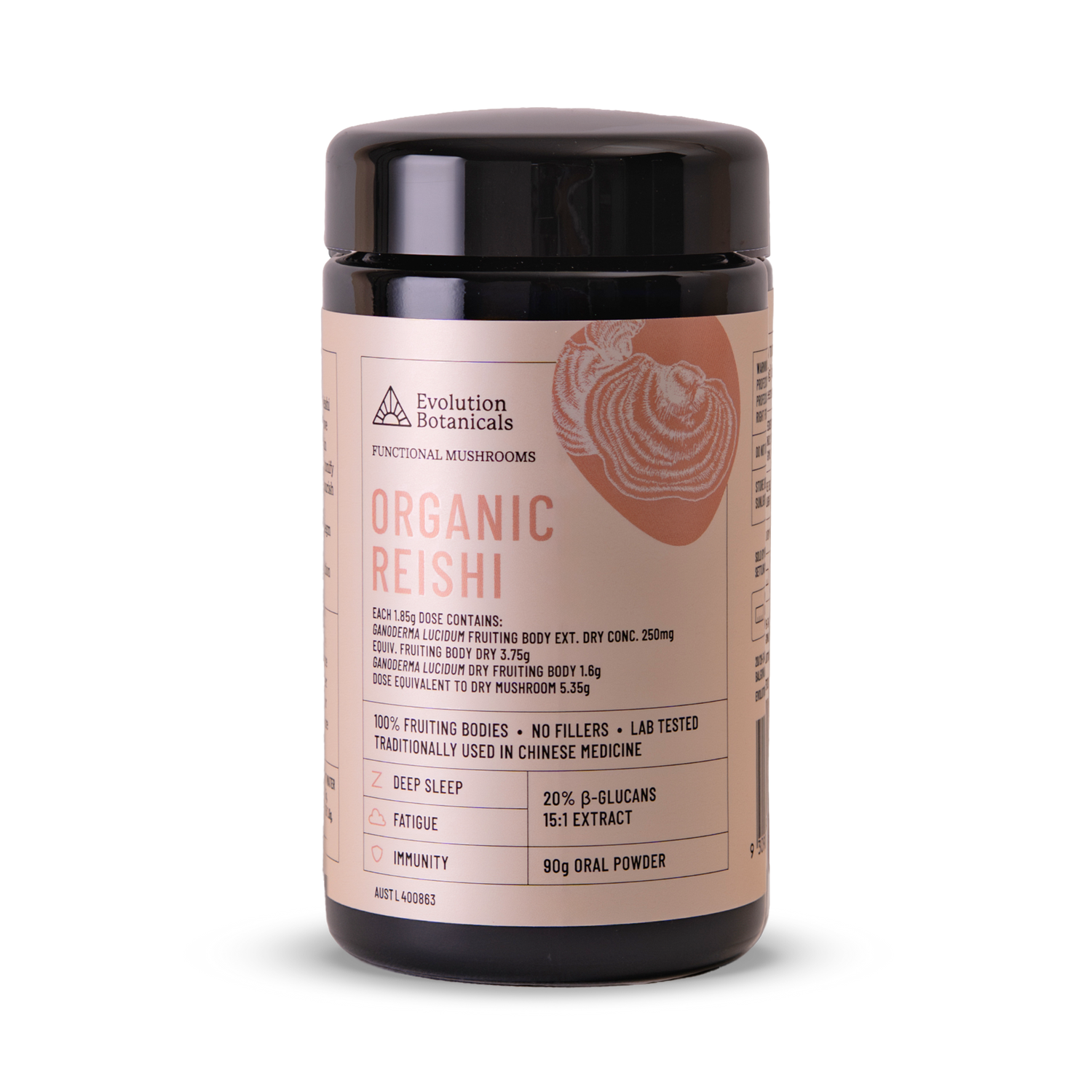 A jar of Evolution Botanicals Organic Reishi mushroom extract powder. The label is brown and white with text and a heart symbol.