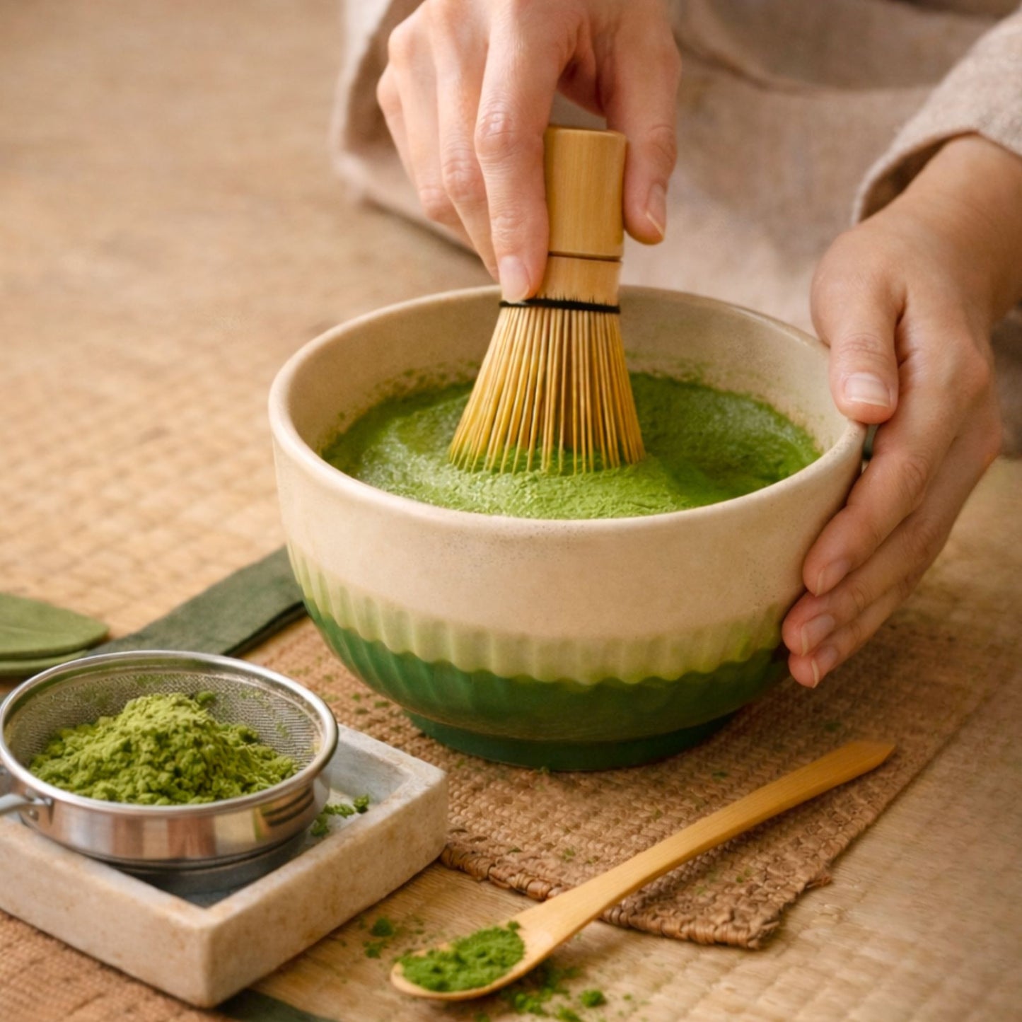Person stirring green matcha tea in a ceramic bowl with a wooden whisk.