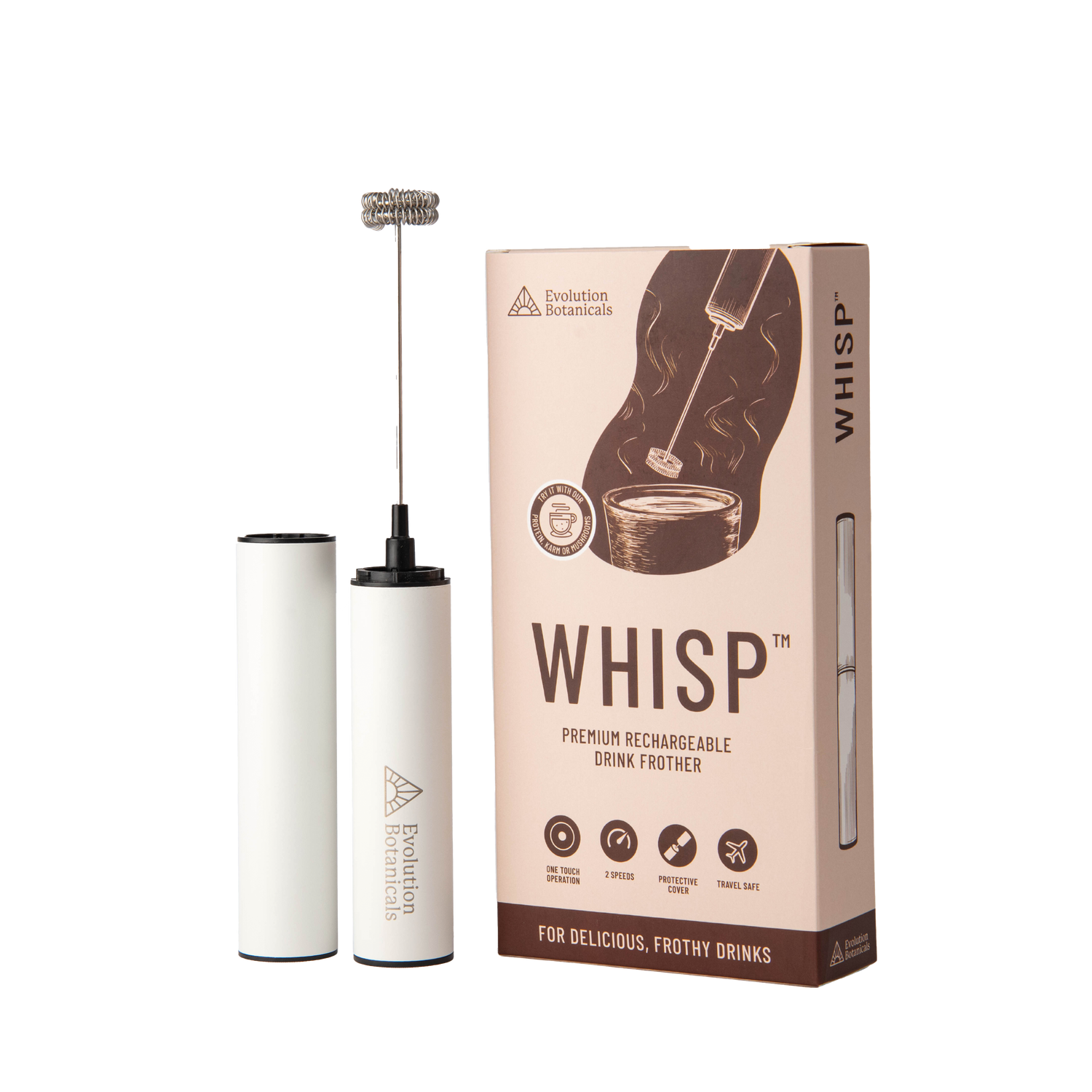 Image of the Whisp drink rechargeable drink frother next to its box. 