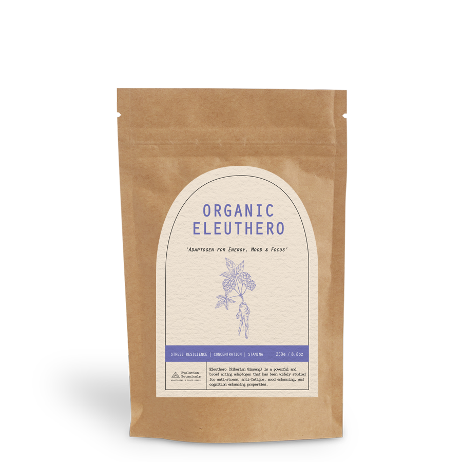 250g of Organic Eleuthero powder inside a resealable paper pouch