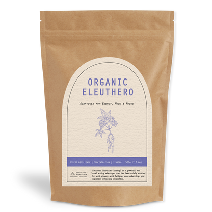 500g of Organic Eleuthero powder inside a resealable paper pouch