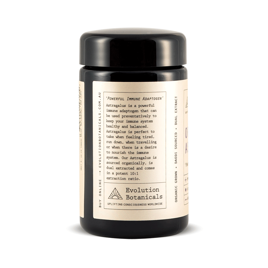Side photo of 120g of Astragalus powder inside a Miron Glass jar, giving a summary of the product