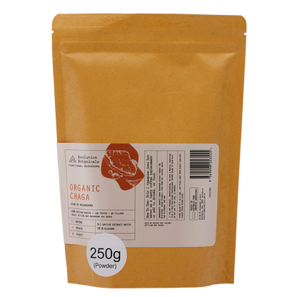 250g of Organic Chaga powder inside a resealable paper pouch