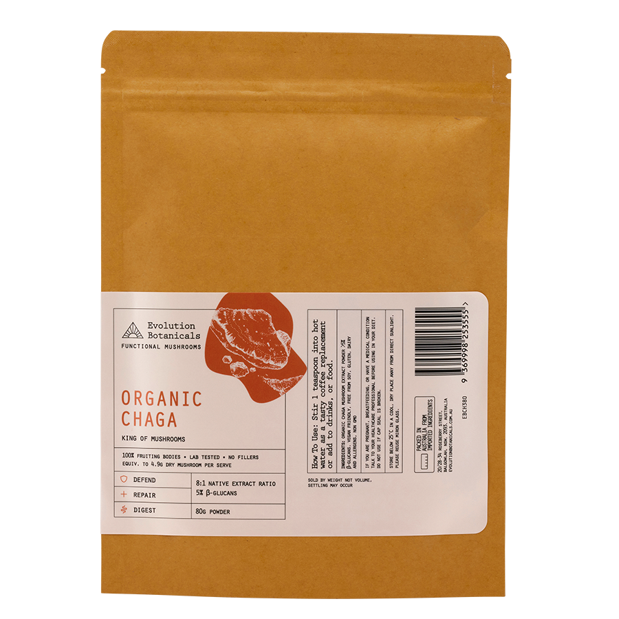 80g of Organic Chaga powder inside a resealable paper pouch