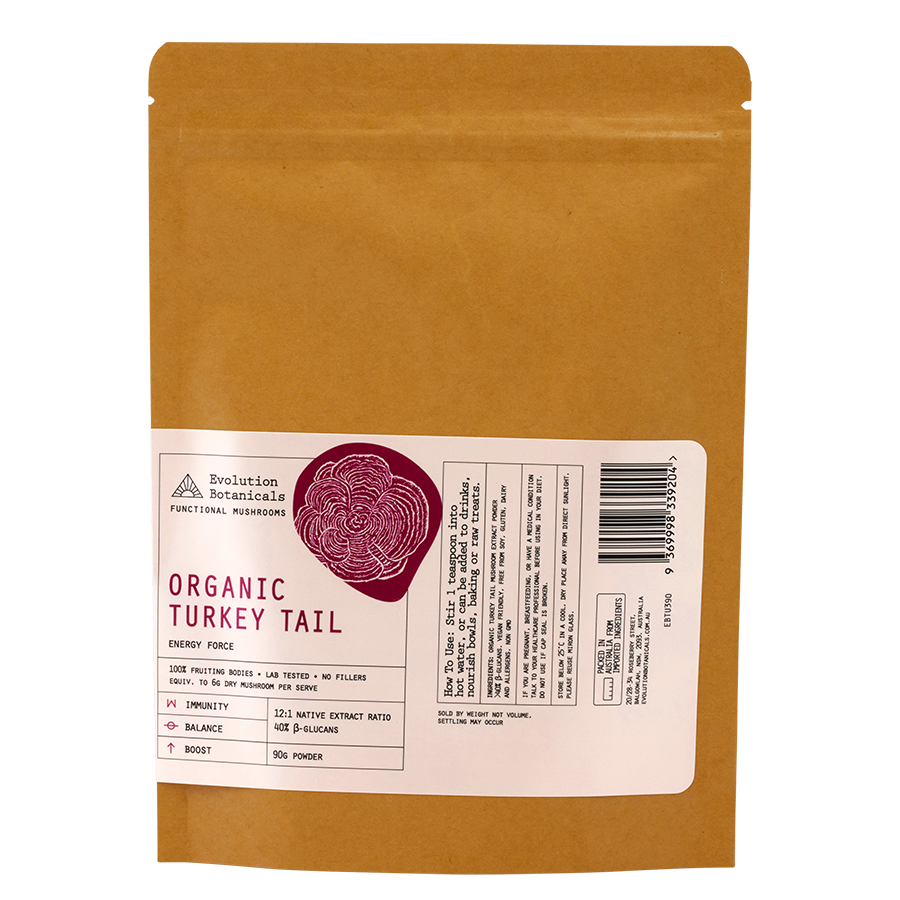 100g of Organic Turkey Tail powder inside a resealable paper pouch
